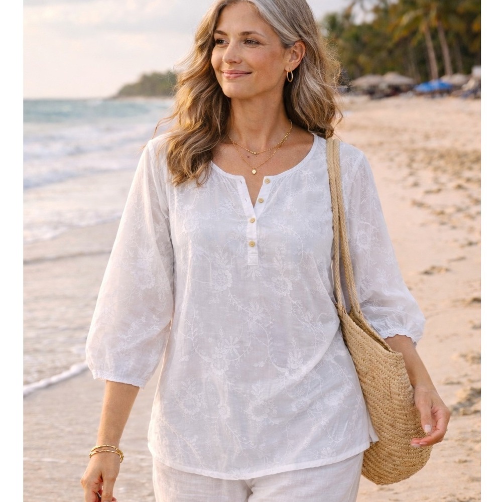 CP Shades Floral Embroidered‎ Cotton Henley Tunic Top Bohemian White Medium